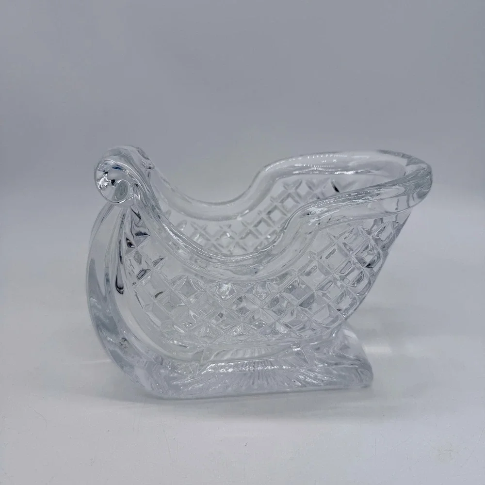 Clear Crystal Glass Christmas Sleigh Dish Diamond Quilted Holiday Candy‎ Bowl